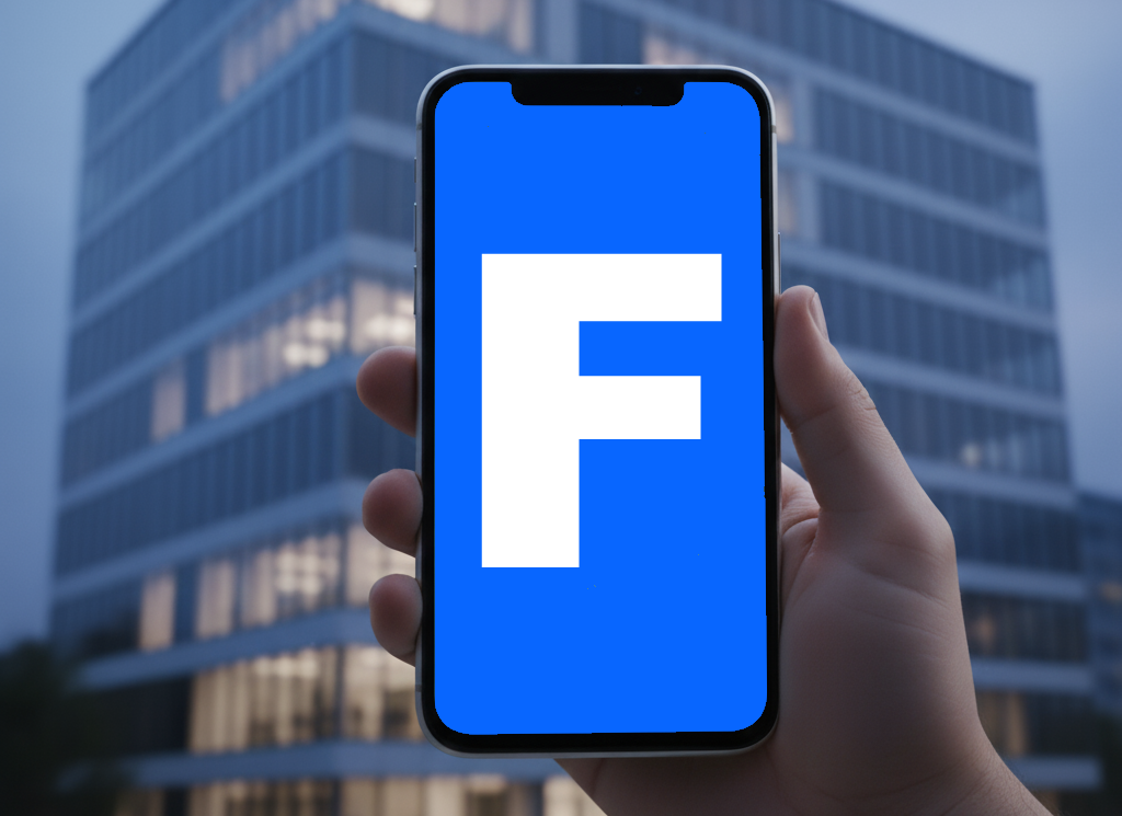 Smartphone mit App-Logo vor einem Gebäude