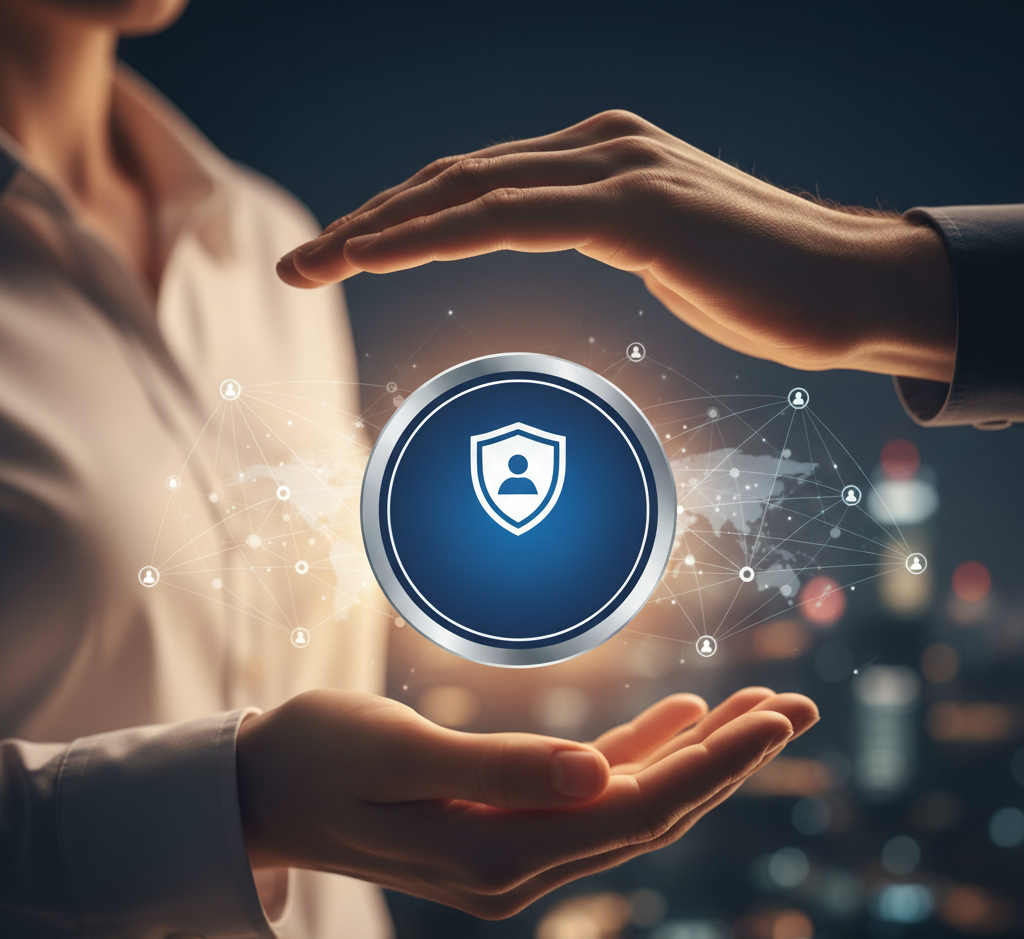 App-Logo und Hände, die Schutz symbolisieren