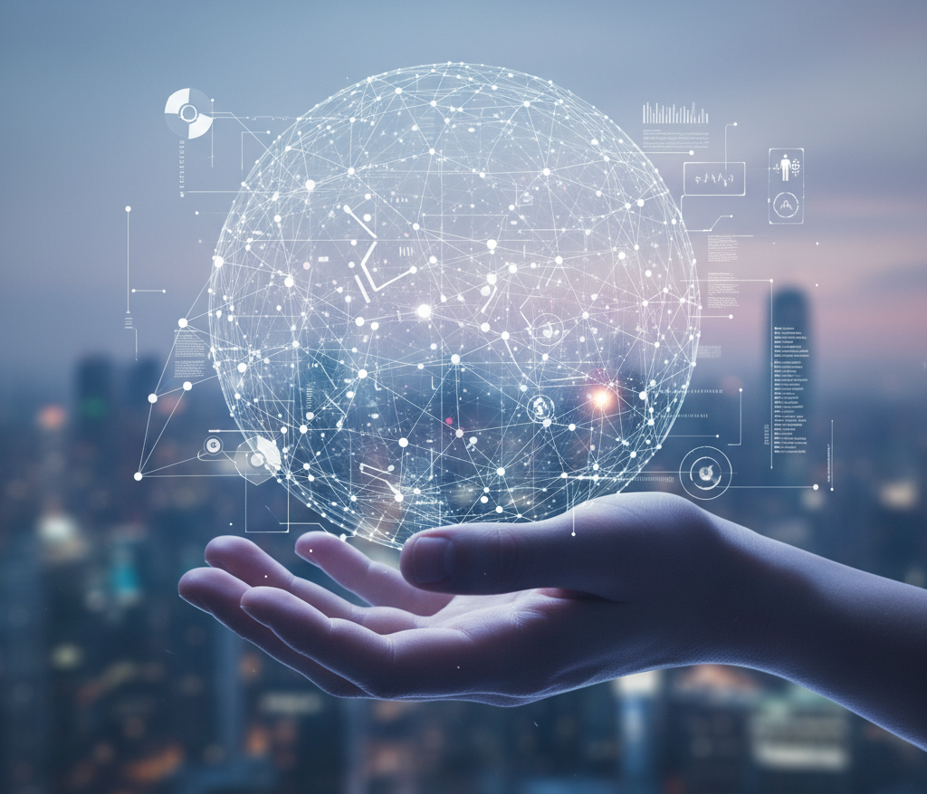 Vernetztes KI-System und menschliche Hand